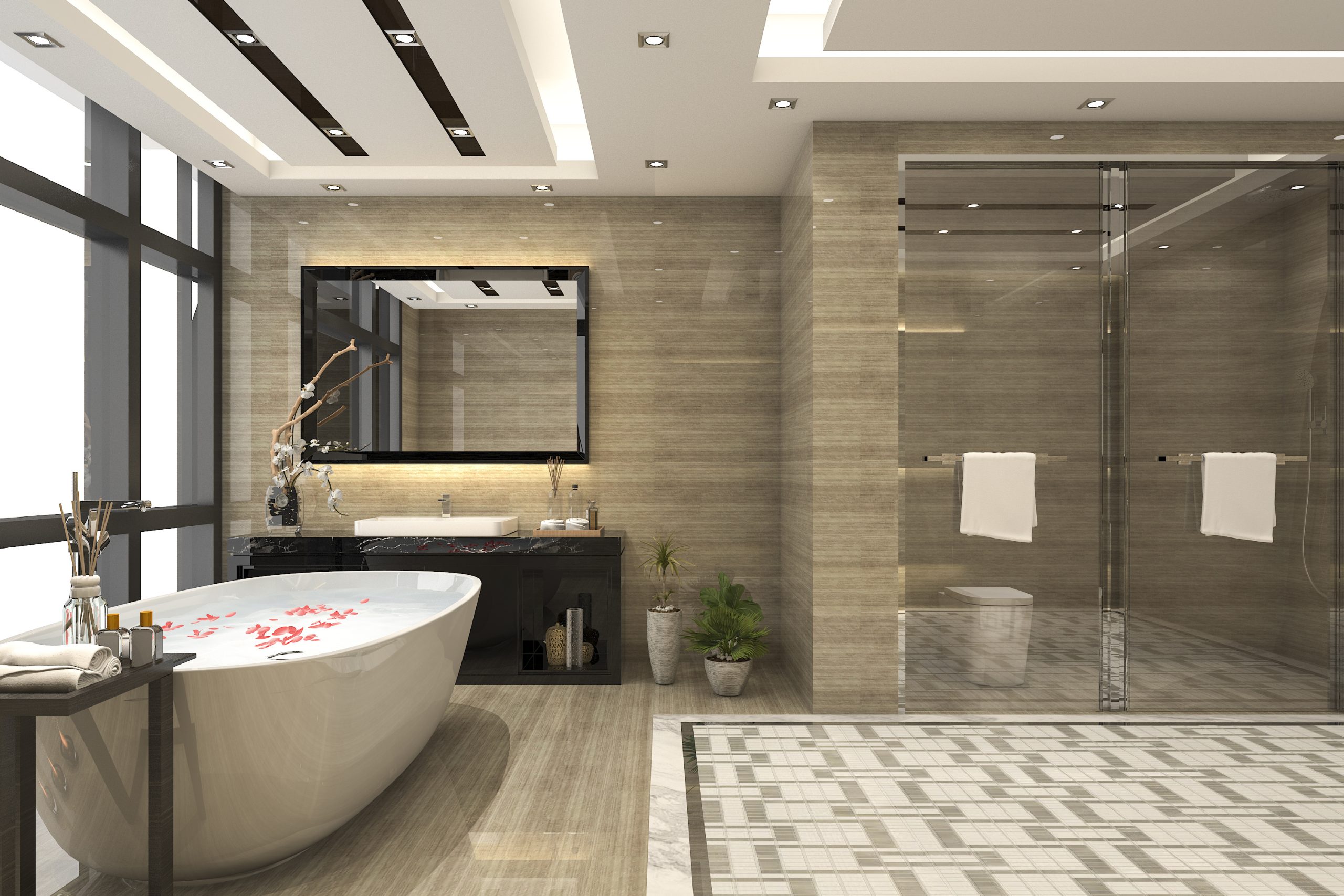 3d rendering modern loft bathroom with luxury tile decor